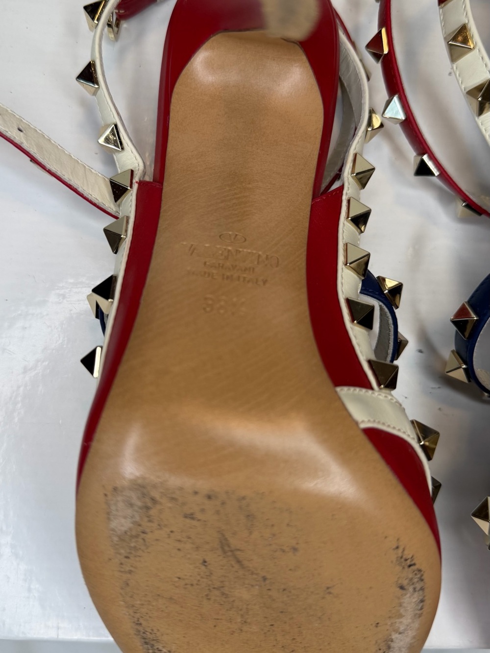Valentino Red, White & Navy Rockstud Pointed Slingback Heels - Picture 7 of 8